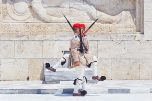 Evzone soldiers performing change of guard, Athens, Greece, Europe, Evzone soldiers performing change of guard, Athens, Greece, Europe,